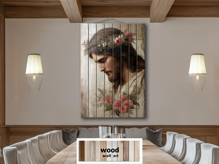 Vertical wood wall art featuring a portrait of Jesus with a floral crown and distressed finish.