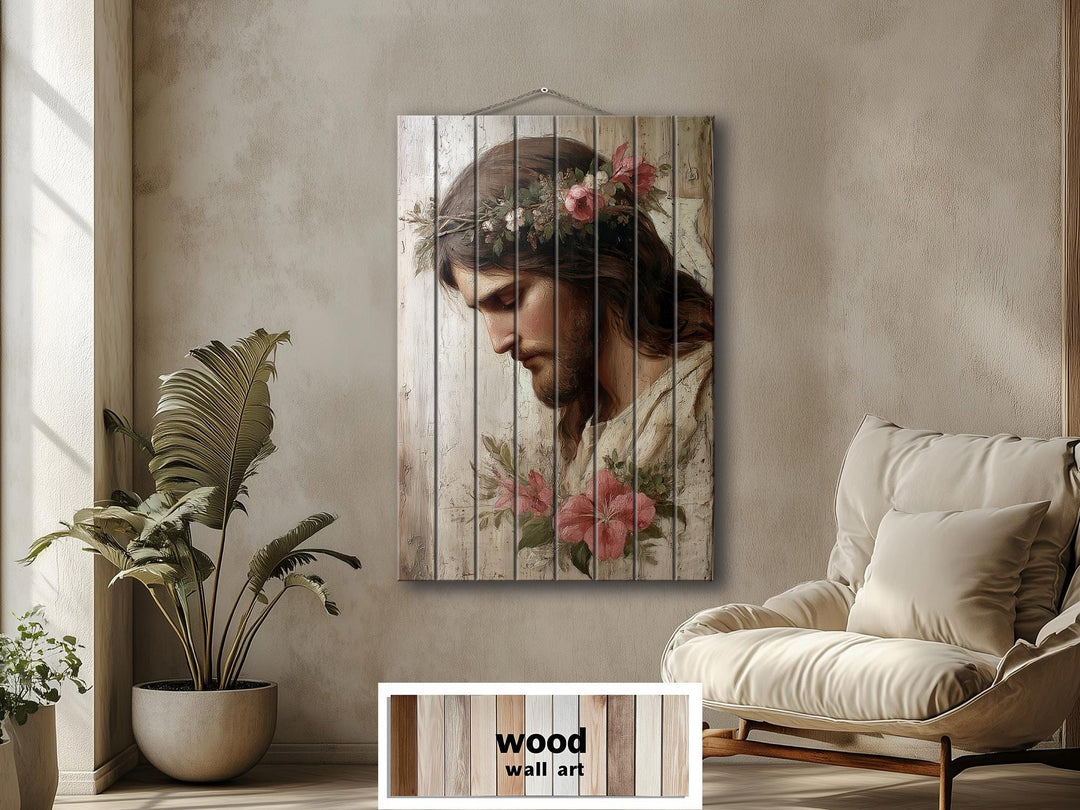 Vertical wood wall art featuring a portrait of Jesus with a floral crown and distressed finish.