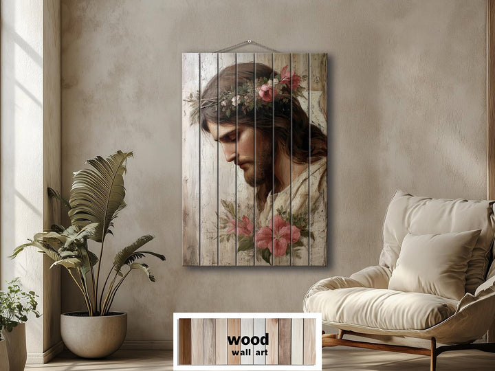 Vertical wood wall art featuring a portrait of Jesus with a floral crown and distressed finish.