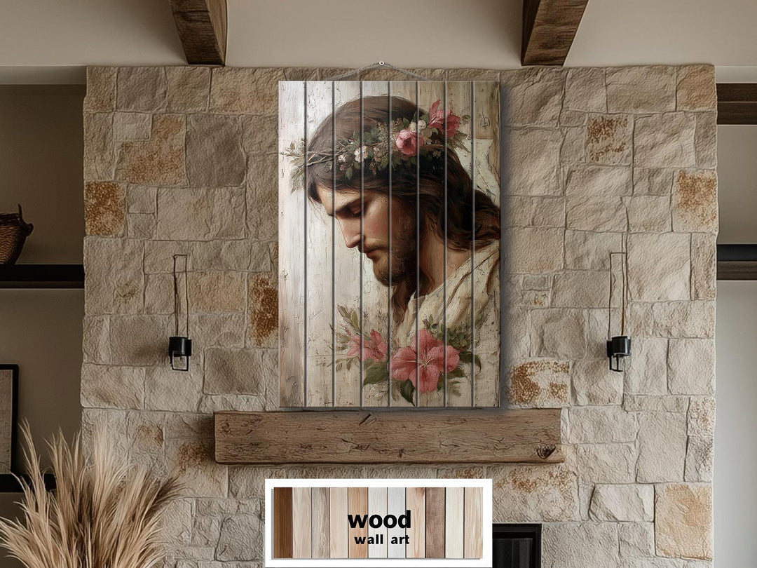 Vertical wood wall art featuring a portrait of Jesus with a floral crown on a stone wall.