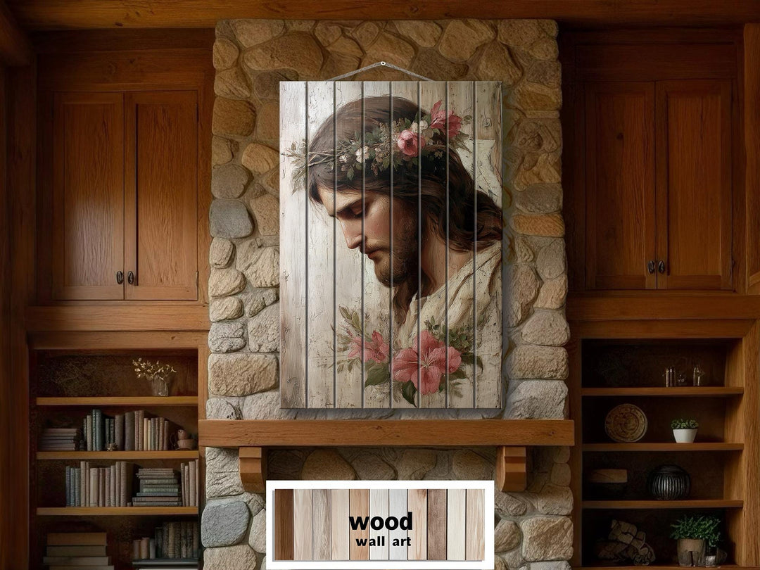 Vertical wood wall art featuring a portrait of Jesus with a floral crown and distressed finish.