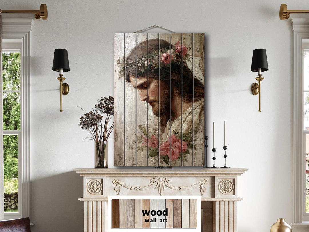 Jesus with flowers distressed wood wall art hanging above a fireplace mantel in a living room.