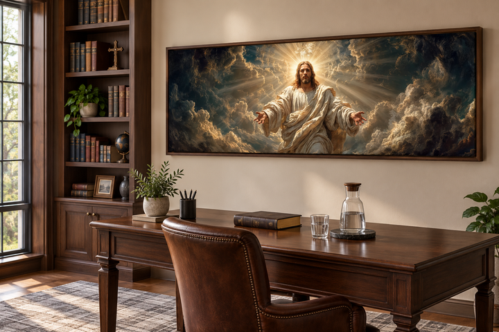 Panoramic canvas print of Jesus with open arms in a study above a wooden desk and leather chair.