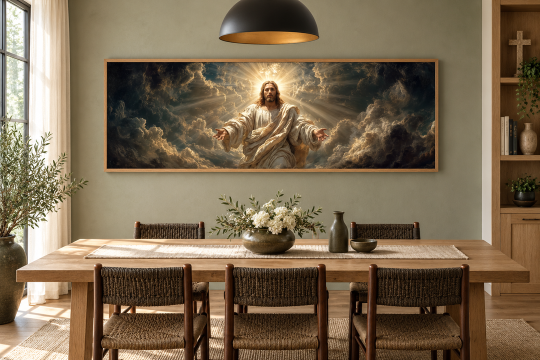 Panoramic Jesus wall art canvas with open arms in a wooden frame above a dining table.