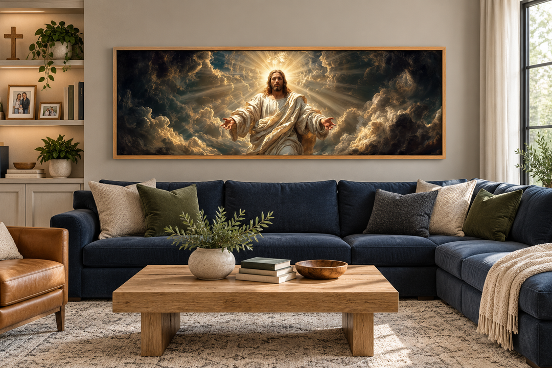 Panoramic canvas print of Jesus with open arms in a dramatic sky, displayed over a blue sofa.