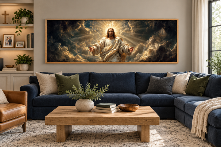 Panoramic canvas print of Jesus with open arms in a dramatic sky, displayed over a blue sofa.