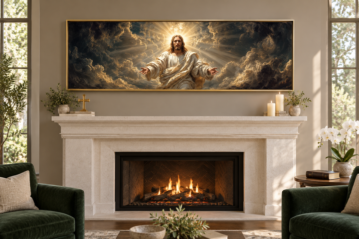 Panoramic canvas print of Jesus with open arms in a gold frame above a fireplace mantel.