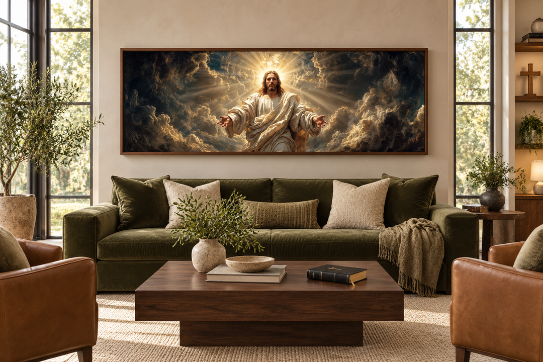 Panoramic canvas print of Jesus with open arms in a walnut frame above a green sofa.