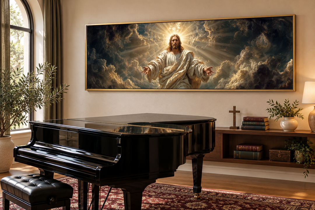 Panoramic canvas print of Jesus with open arms in a gold frame above a black grand piano.