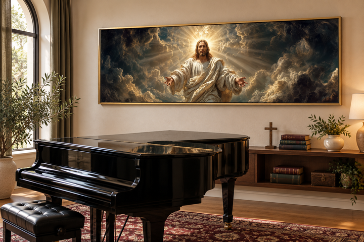 Panoramic canvas print of Jesus with open arms in a gold frame above a black grand piano.