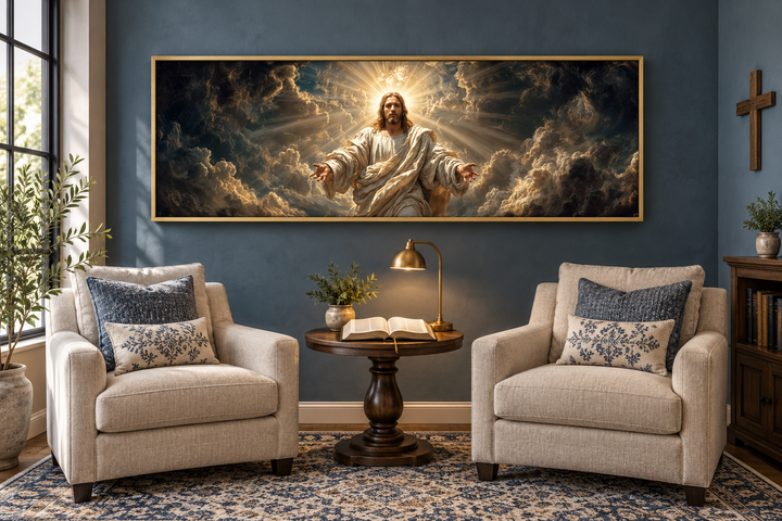 Panoramic Jesus wall art canvas print with open arms in a gold frame above two armchairs.