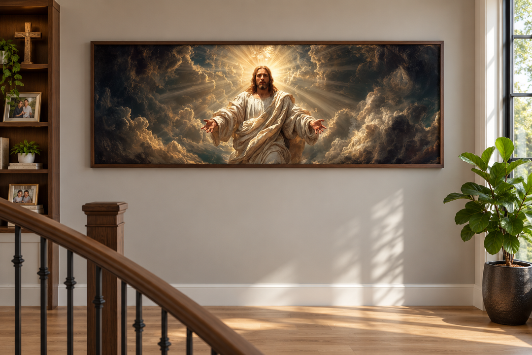 Panoramic canvas print of Jesus with open arms in a walnut frame on a neutral wall.