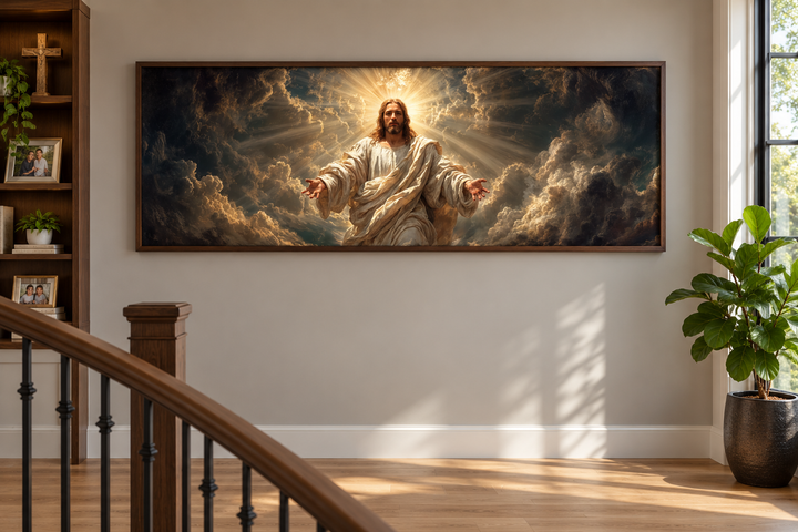 Panoramic canvas print of Jesus with open arms in a walnut frame on a neutral wall.