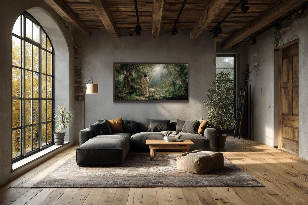 Jesus the Good Shepherd and lamb canvas wall art displayed in a rustic farmhouse living room.