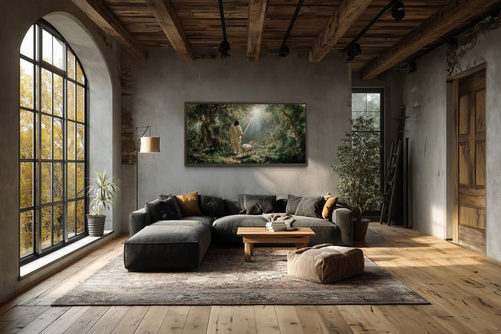 Jesus the Good Shepherd and lamb canvas wall art displayed in a rustic farmhouse living room.