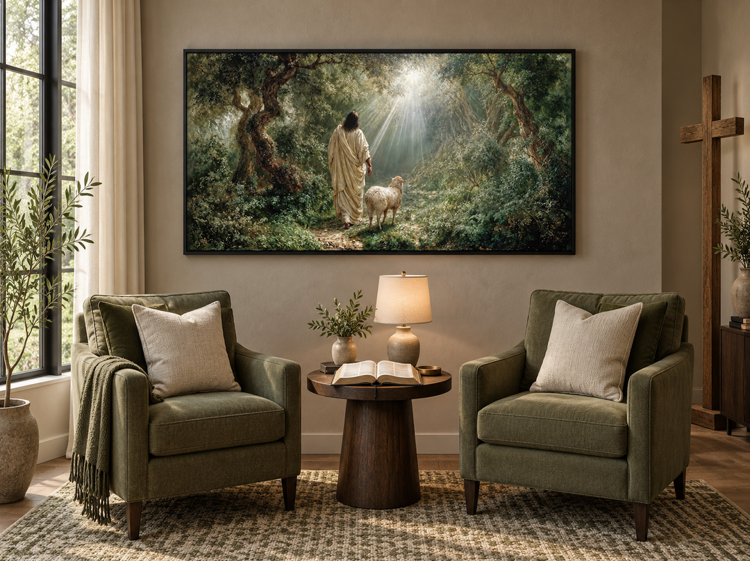 Jesus the Good Shepherd and lamb in a forest canvas wall art above two green armchairs.