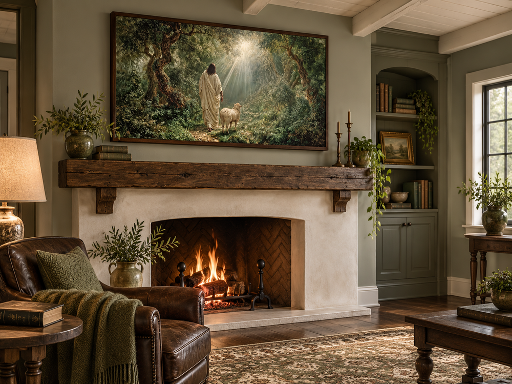 Jesus the Good Shepherd and lamb in a forest canvas wall art hanging above a rustic fireplace.