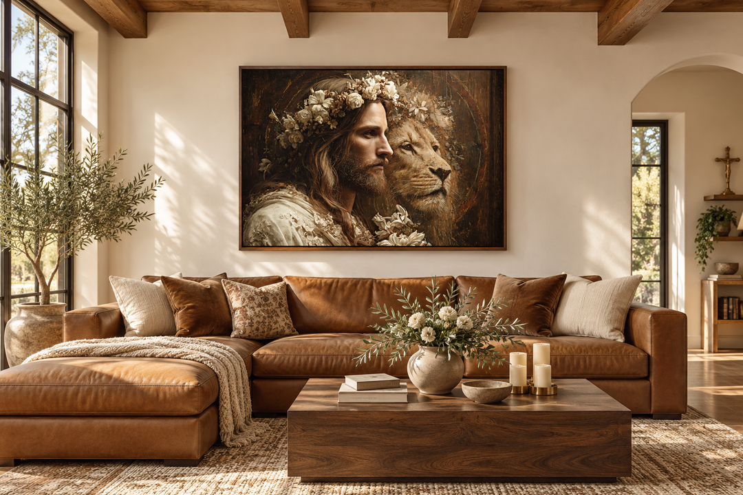 Jesus and Lion framed canvas wall art hanging above a brown leather sofa in a rustic living room.