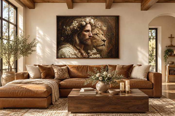 Jesus and Lion framed canvas wall art hanging above a brown leather sofa in a rustic living room.