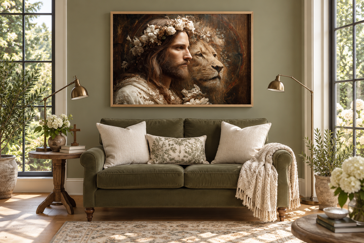 Jesus and Lion framed canvas wall art hanging above a green sofa in a cozy living room.