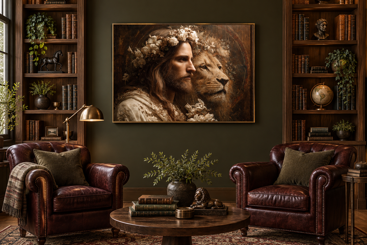 Jesus and Lion framed canvas wall art displayed in a dark green study with leather armchairs.