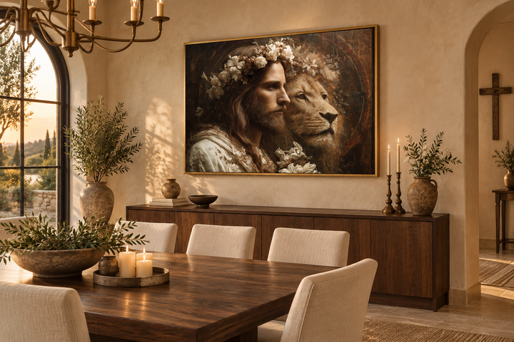 Jesus and Lion framed canvas wall art displayed above a wooden sideboard in a warm dining room.
