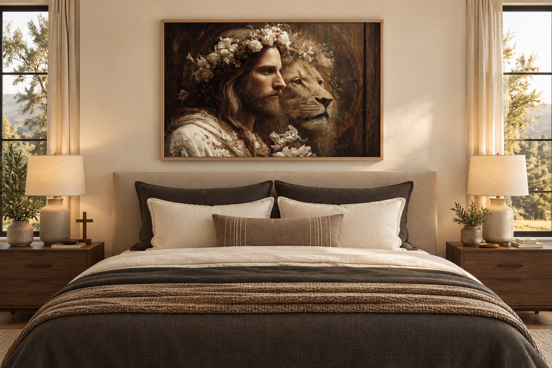 Jesus and Lion framed canvas wall art hanging above a bed in a neutral-toned bedroom.