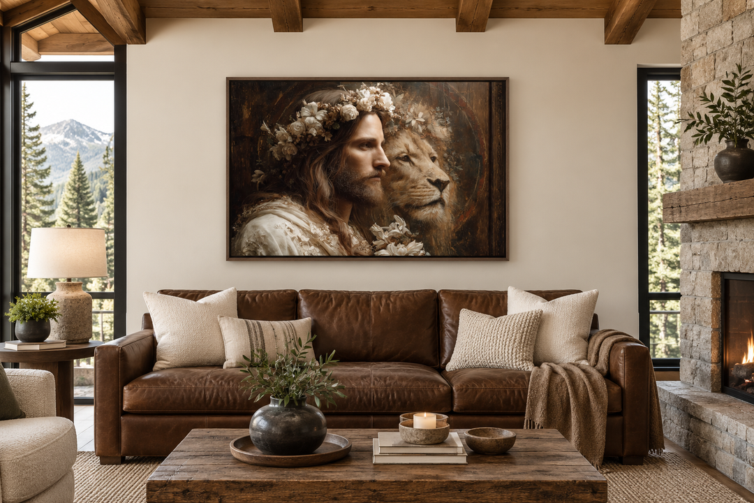 Jesus and Lion framed canvas wall art hanging above a brown leather sofa in a rustic living room.