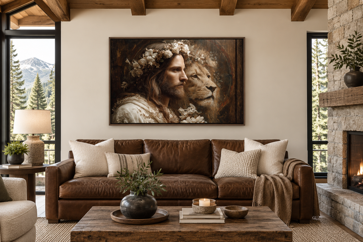 Jesus and Lion framed canvas wall art hanging above a brown leather sofa in a rustic living room.