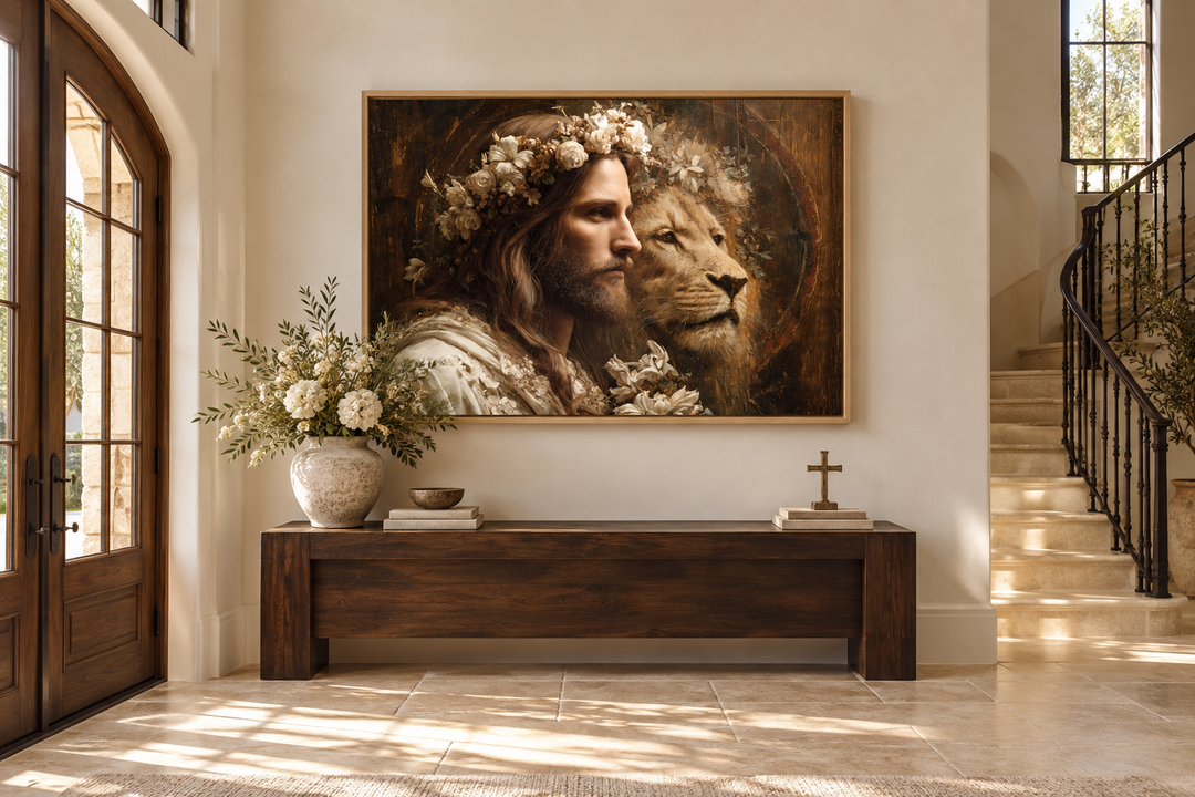 Jesus and Lion framed canvas wall art above a wooden console table in a bright entryway.