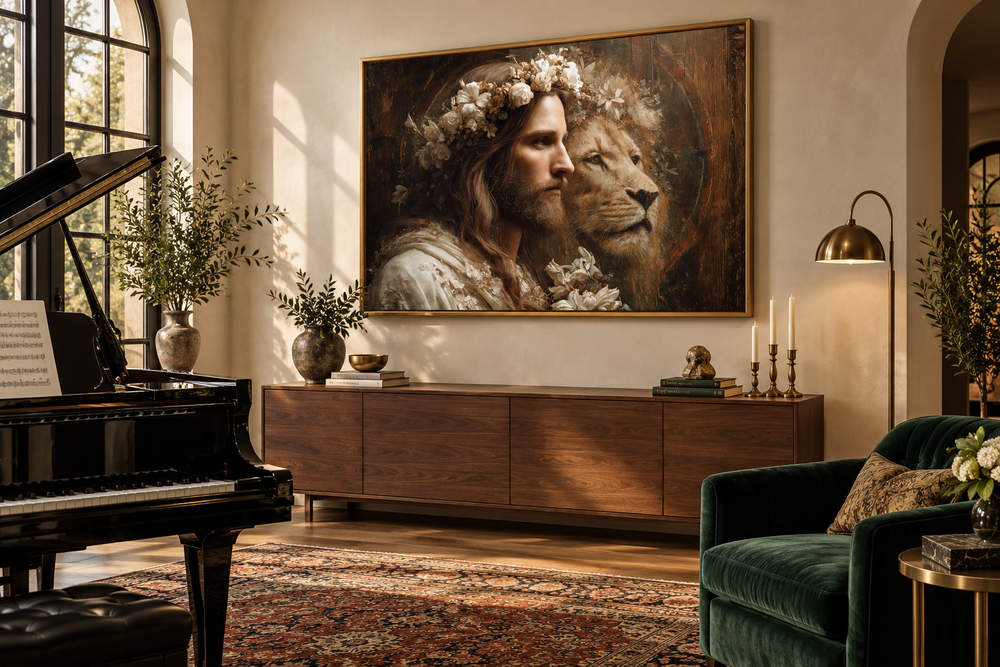 Jesus and Lion framed canvas wall art displayed above a wooden sideboard in a warm living room.