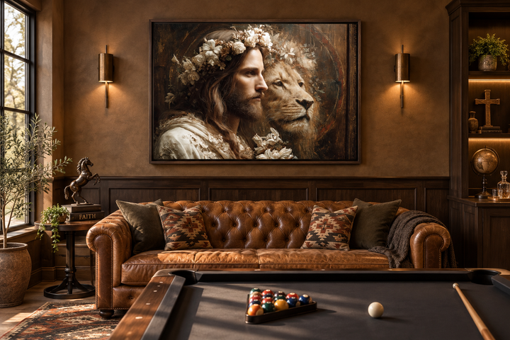 Jesus and Lion framed canvas wall art hanging above a leather sofa in a rustic living room.