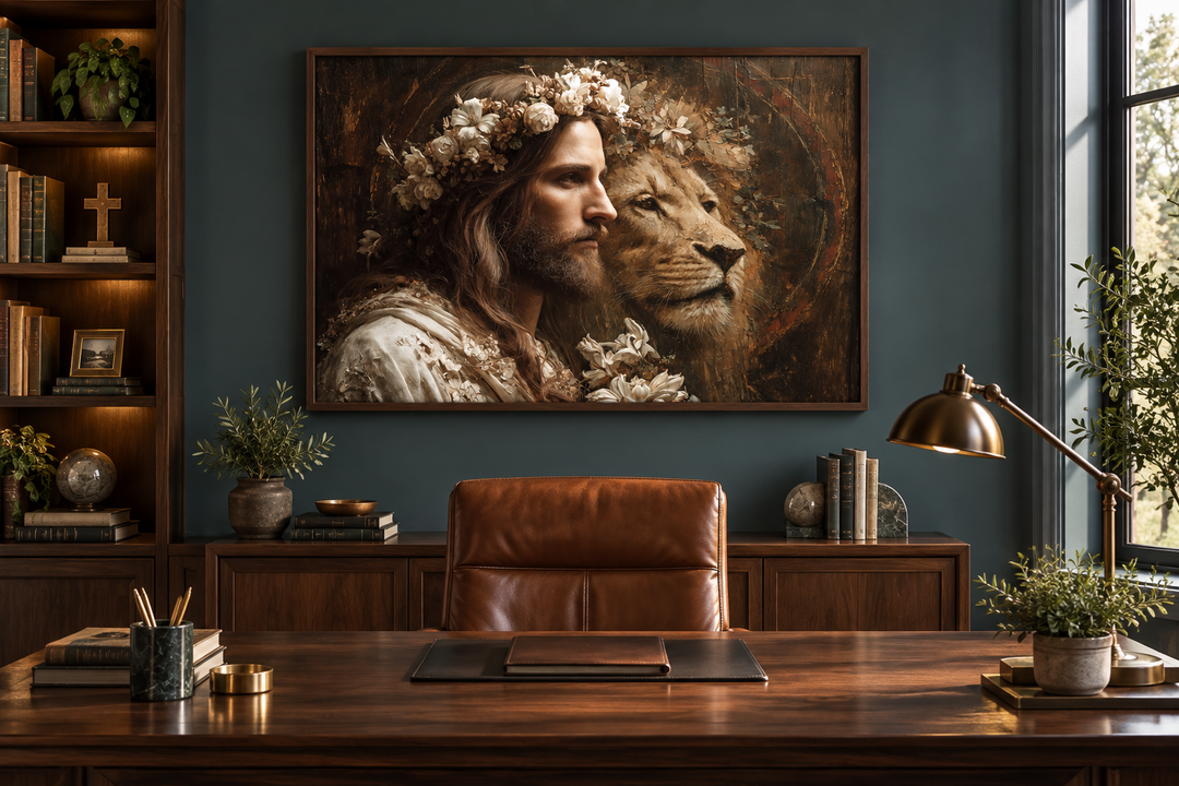 Jesus and Lion of Judah framed canvas wall art displayed in a dark-toned home office setting.