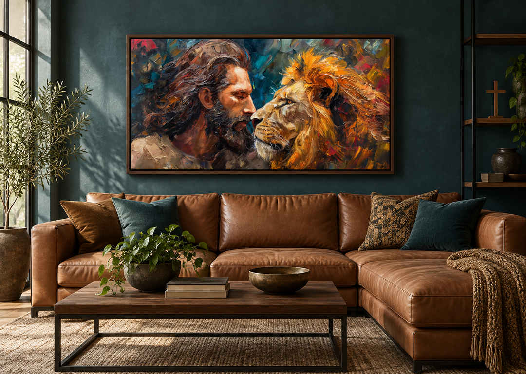 Framed abstract canvas print of Jesus and a lion in a modern living room setting.