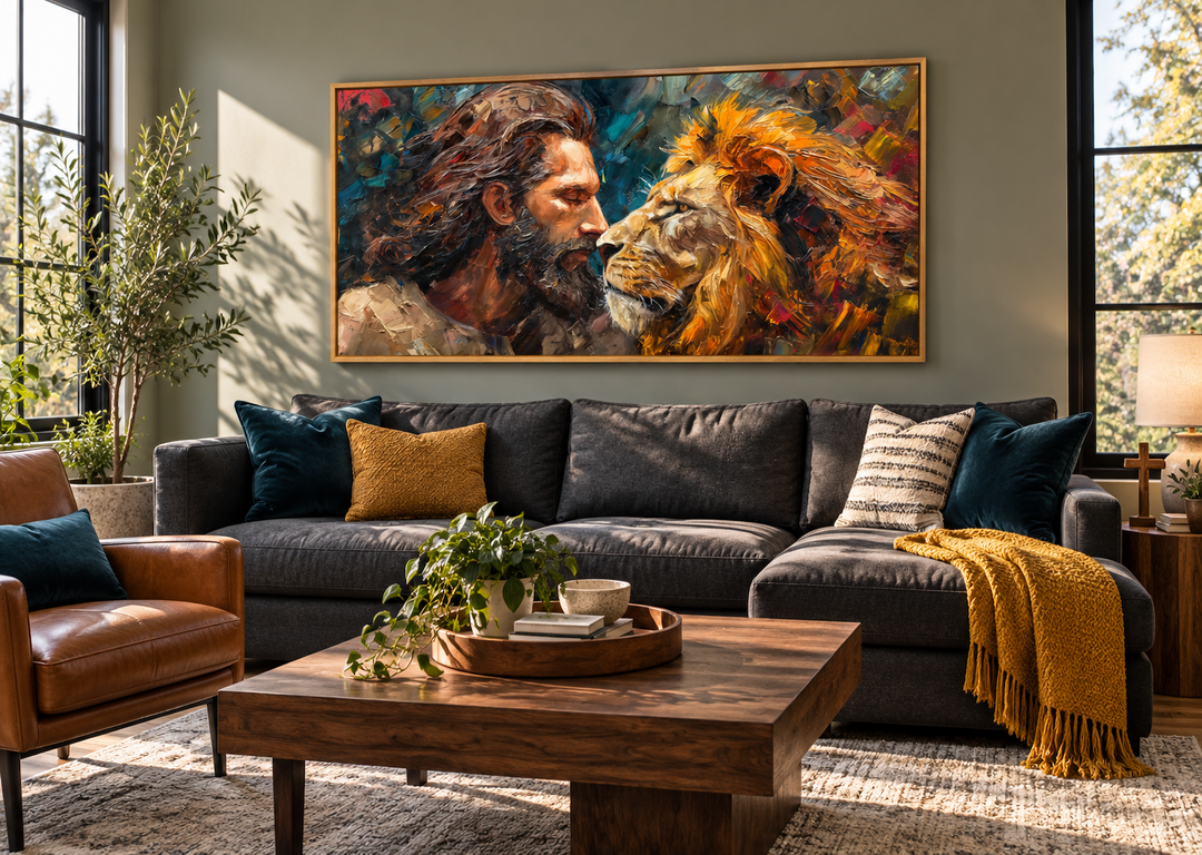 Framed abstract canvas art of Jesus and a lion above a modern sofa in a living room.