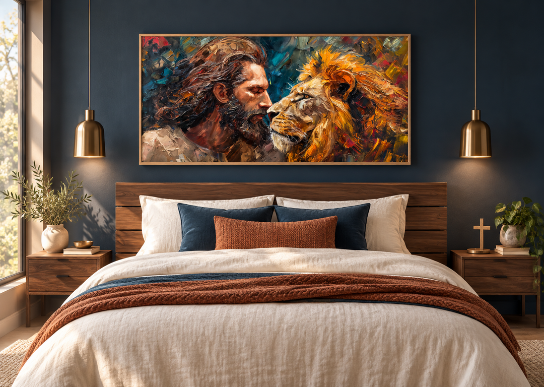 Framed Jesus and lion abstract canvas print hanging above a bed in a modern bedroom.