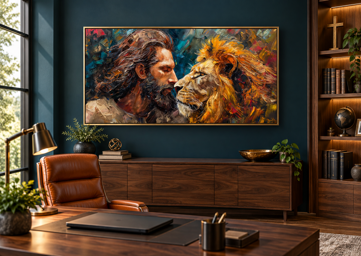 Jesus and Lion abstract canvas wall art in a gold frame above a wooden sideboard in a home office.