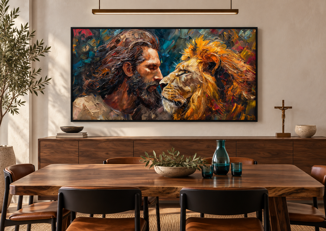 Modern framed canvas art of Jesus and a lion in a dining room above a wooden sideboard.