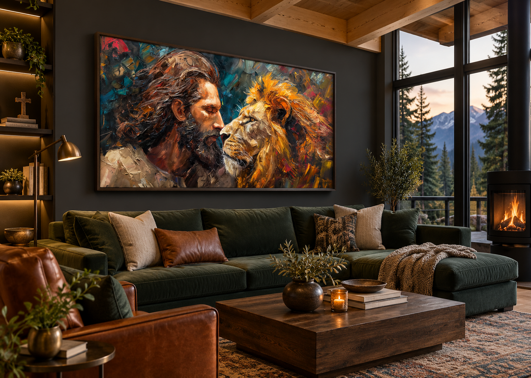 Framed abstract canvas art of Jesus and a lion in a modern living room above a green sofa.