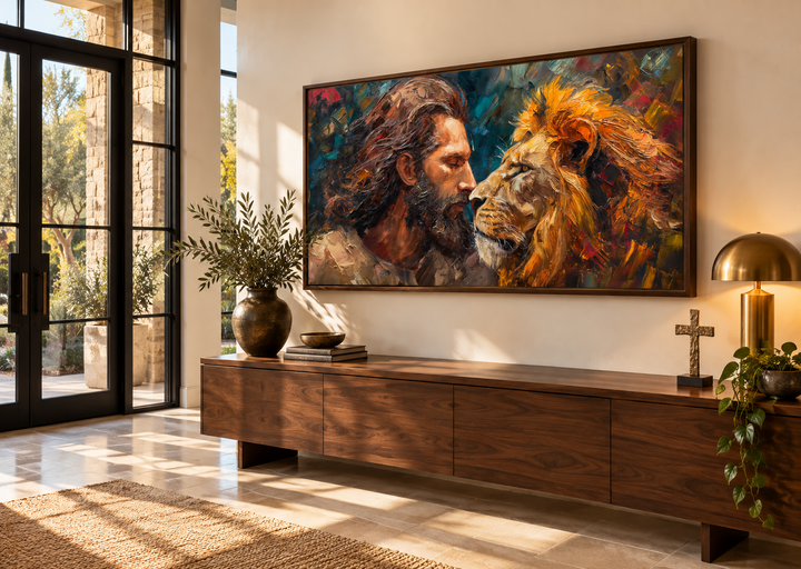Framed abstract canvas art of Jesus and a lion above a wooden console in a modern living room.