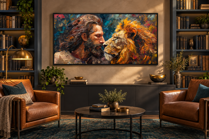 Framed Jesus and Lion abstract canvas print displayed above a console in a modern living room.