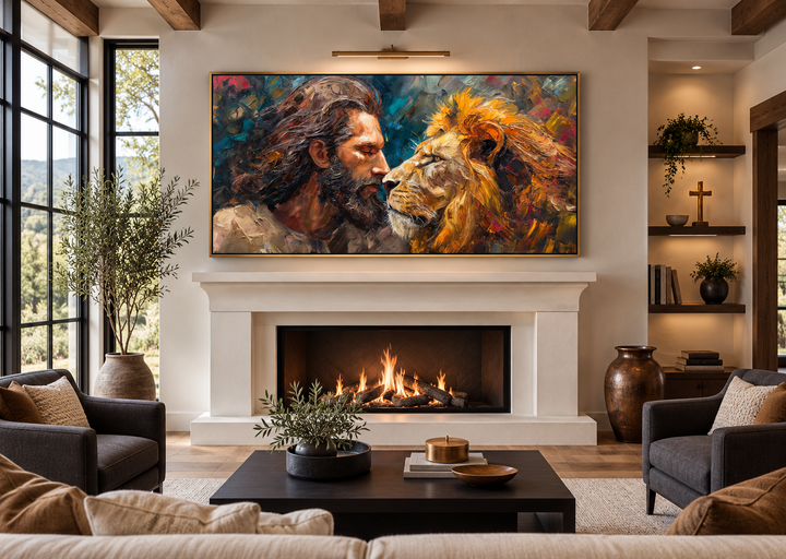 Framed abstract canvas of Jesus and a lion above a fireplace in a modern living room.