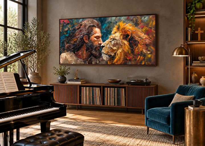 Framed abstract canvas print of Jesus and a lion in a modern living room setting.