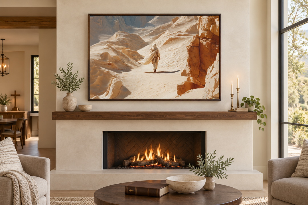 Jesus walking in the desert wall art in a dark wood frame above a modern fireplace.