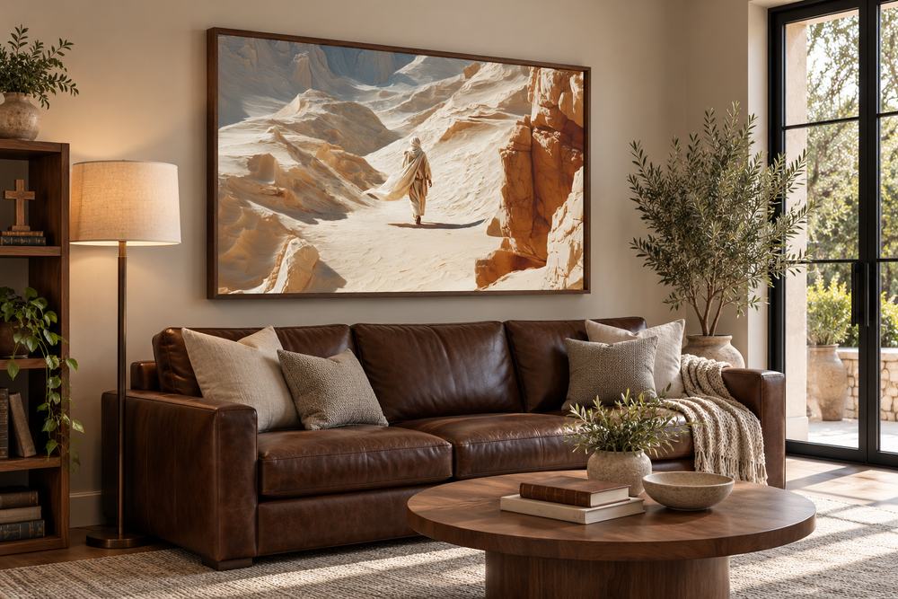 Jesus walking in the desert wall art in a walnut frame above a brown leather sofa.