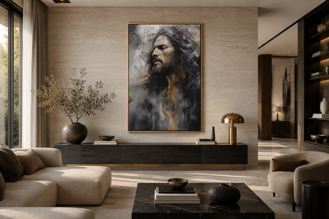 Jesus Christ abstract modern framed canvas wall art in a contemporary living room setting.
