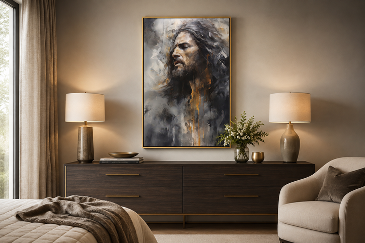 Jesus Christ abstract modern Christian framed canvas wall art displayed above a dark wood dresser.