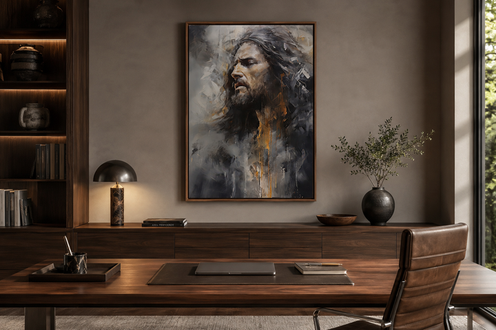 Jesus Christ abstract modern Christian framed canvas wall art in a moody, painterly style.