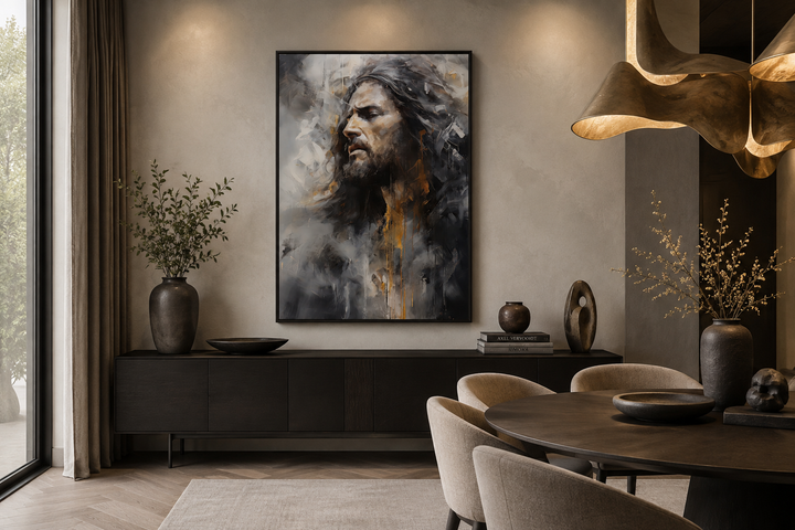 Jesus Christ abstract modern framed canvas wall art in a moody, painterly style with gold accents.