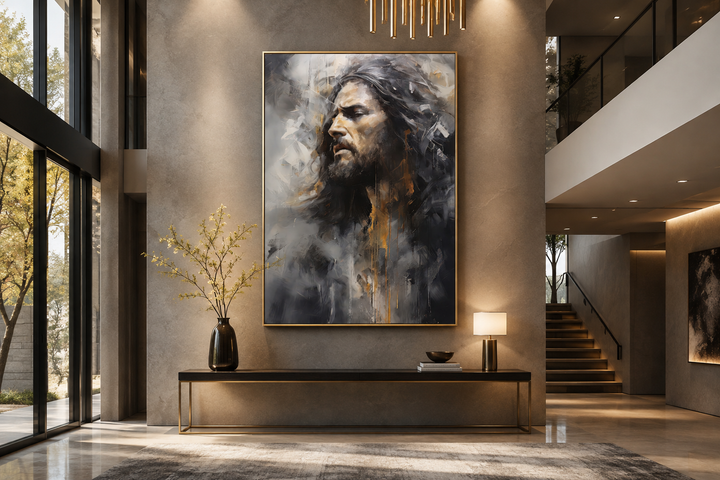 Jesus Christ abstract modern framed canvas wall art in a contemporary living room setting.